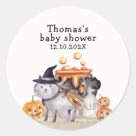 Little Boo Cat In Witch Hat Brewing Baby Shower  ラウンドシール