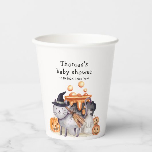 Little Boo Cat In Witch Hat Brewing Baby Shower  紙コップ (正面)