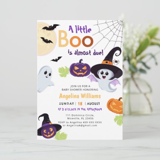 Little Boo Halloweenへの赤ちゃんシャワーの招待。 招待状 (スタンド正面)