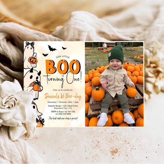 Little Boo Halloween 1st Birthday Photo 招待状