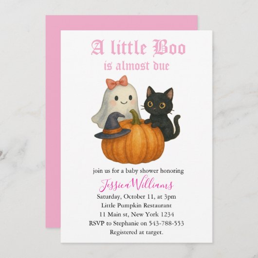 Little Boo Is Almost Due Halloween Baby Shower 招待状 (正面/裏面)