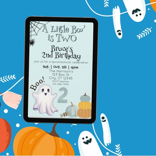 Little Boo Two, Blue 2nd Ghost Birthday 招待状