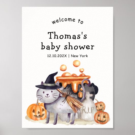 Little Boo Witch Cat Brewing Baby Shower Welcome  ポスター (正面)