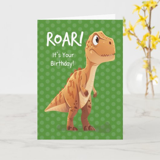 Little Boy Birthday T Rex Roar with Polka Dots カード (黄色い花)
