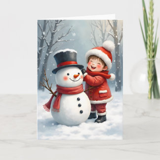 Little Boy Building a Snowman Blank Christmas  カード