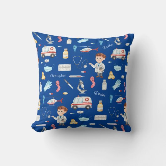 Little Boy Doctor Medical Pattern with Name, Blue クッション (正面)