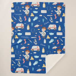 Little Boy Doctor Medical Pattern with Name, Blue シェルパブランケット