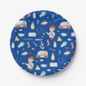 Little Boy Doctor Medical Pattern with Name, Blue ペーパープレート (正面)