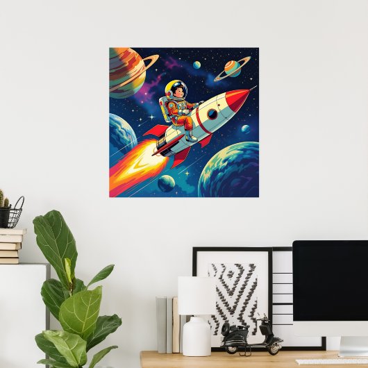 Little Boy on a Rocket Ship Flying through Space ポスター (ホームオフィス)