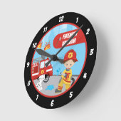 Little Boy's Cartoon Fireman with First Name Black ラウンド壁時計 (傾斜)