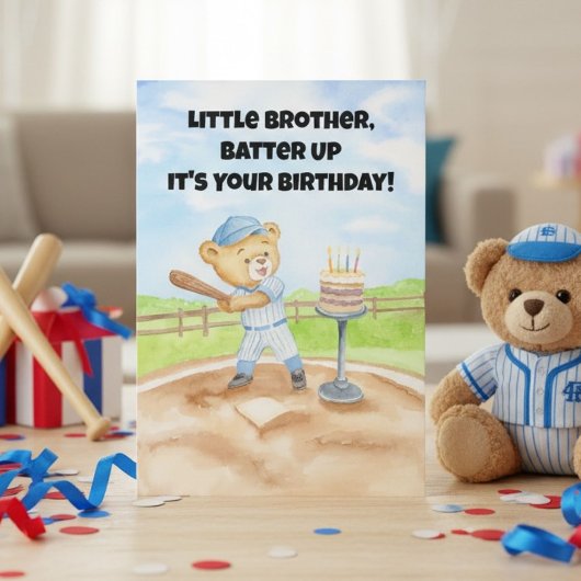 Little Brother Happy Birthday Baseball Teddy Bear カード