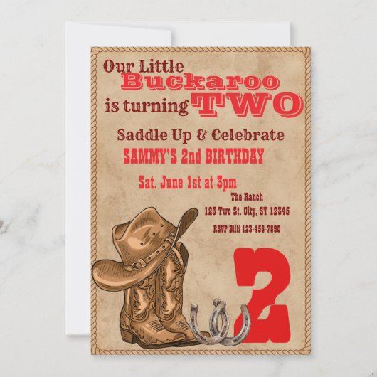 Little Buckaroo Two, Western 2nd Birthday 招待状 (正面)