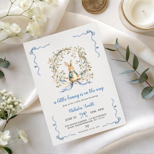 Little Bunny Baby Shower Invite | Blue Bow Rabbit 招待状