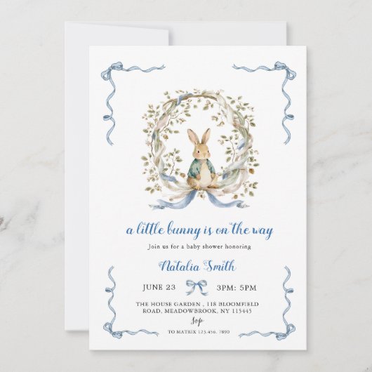 Little Bunny Baby Shower Invite | Blue Bow Rabbit 招待状 (正面)