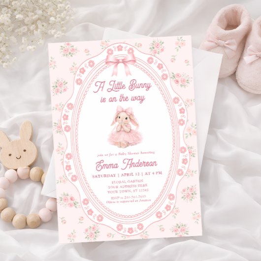 Little Bunny Floral Girl Baby Shower Invitation 招待状