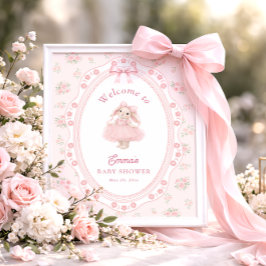 Little Bunny Floral Pink Bow Baby Shower Welcome ポスター