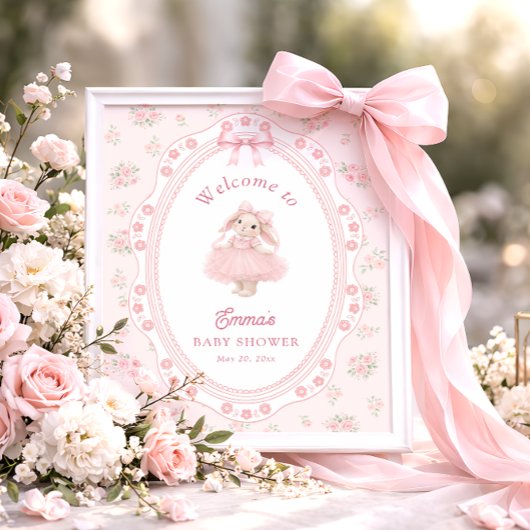 Little Bunny Floral Pink Bow Baby Shower Welcome ポスター