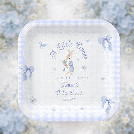 Little Bunny Gingham Blue Baby Shower ペーパープレート