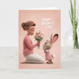 Little Bunny in Pink Bringing Mother's Day Flowers カード