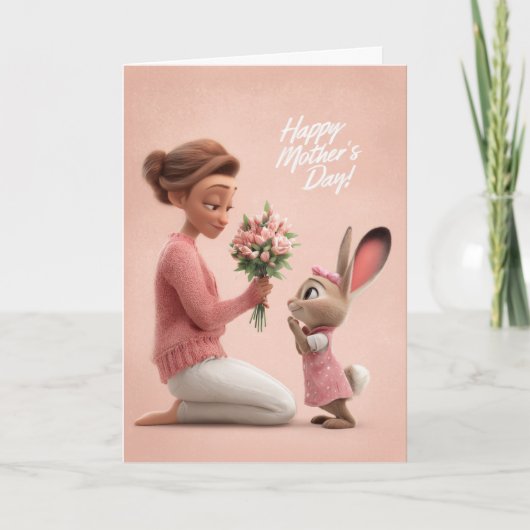 Little Bunny in Pink Bringing Mother's Day Flowers カード (正面)