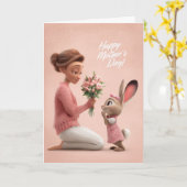Little Bunny in Pink Bringing Mother's Day Flowers カード (黄色い花)