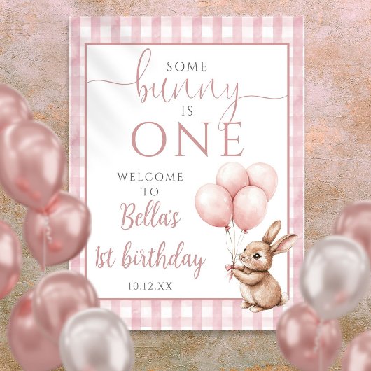 Little Bunny Pink 1st Birthday Welcome Sign ポスター