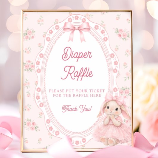 Little Bunny Pink Bow Baby Shower Diaper Raffle ポスター