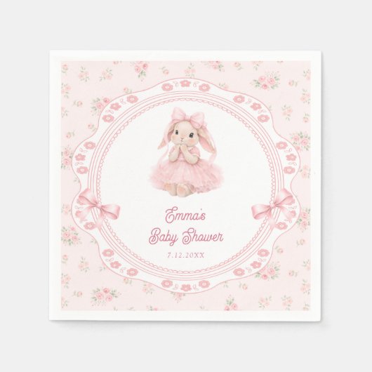 Little Bunny Pink Floral Girl Baby Shower スタンダードカクテルナプキン (正面)