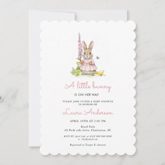 Little Bunny Pink Girl Baby Shower 招待状 (正面)