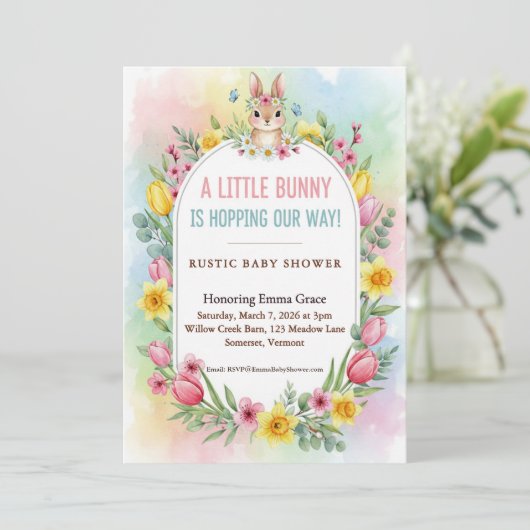 Little Bunny Spring Floral Baby Shower 招待状 (スタンド正面)