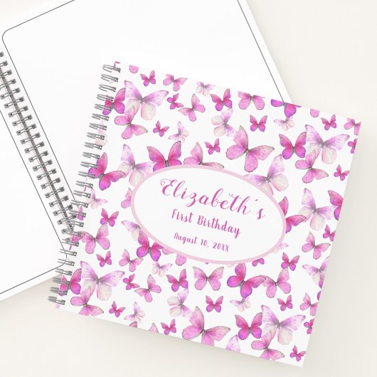 Little Butterfly 1st Birthday Pink Girl Guest Book ノートブック