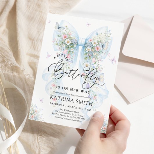 Little Butterfly Blue Bow Baby Shower 招待状
