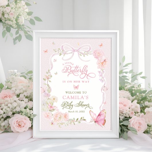 Little Butterfly Floral Girl Baby Shower Welcome  ポスター
