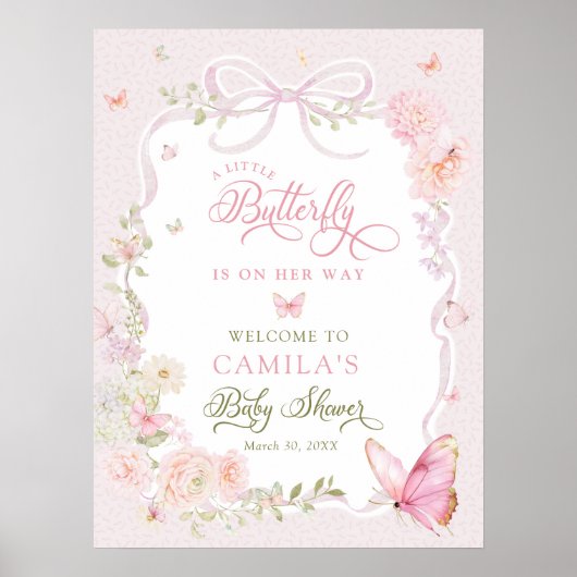 Little Butterfly Floral Girl Baby Shower Welcome  ポスター (正面)