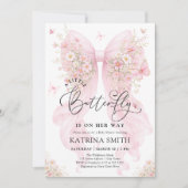 Little Butterfly Pink Bow Girl Baby Shower 招待状 (正面)