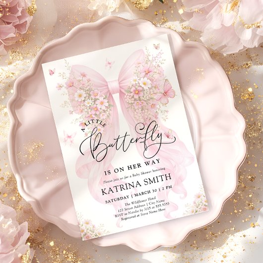 Little Butterfly Pink Bow Girl Baby Shower 招待状