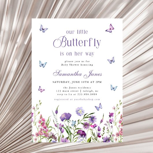 Little Butterfly Wildflowers Purple Baby Shower 招待状