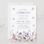Little Butterfly Wildflowers Purple Baby Shower 招待状 (正面)