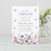 Little Butterfly Wildflowers Purple Baby Shower 招待状 (スタンド正面)
