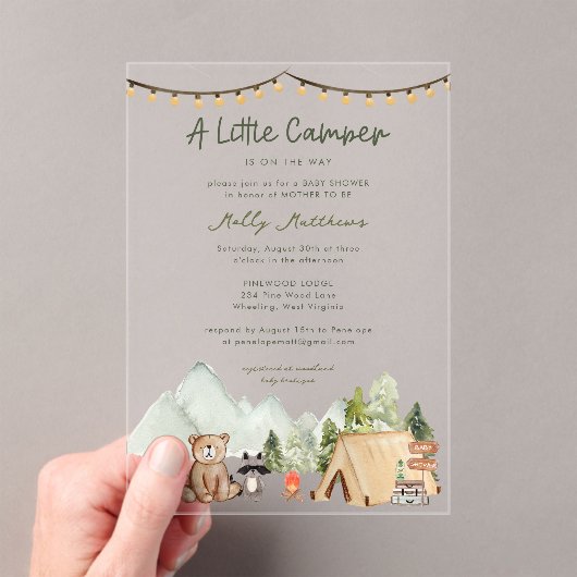 Little Camper Woodland Rustic Baby Shower  アクリル招待状 (インサイチュ (ポータブル))