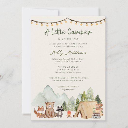 Little Camper Woodland Rustic Baby Shower 招待状 (正面)