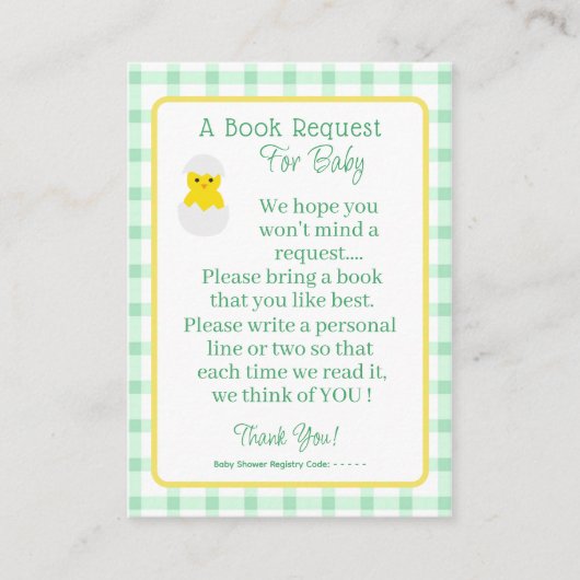 Little Chick Baby Book Request Neutral Baby Shower エンクロージャーカード (正面)
