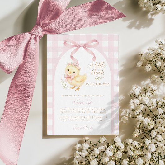 Little Chick Bow Pink Gingham Girl Baby Shower 招待状
