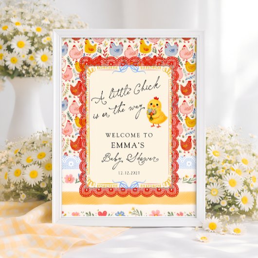 Little Chick Floral Rustic Baby Shower Welcome ポスター