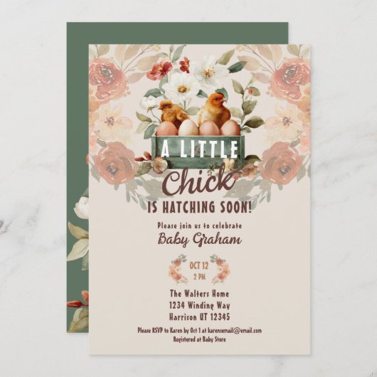 Little Chick Hatching Baby Shower 招待状 (正面/裏面)