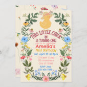 Little Chick is One, Floral 1st Birthday 招待状 (正面/裏面)