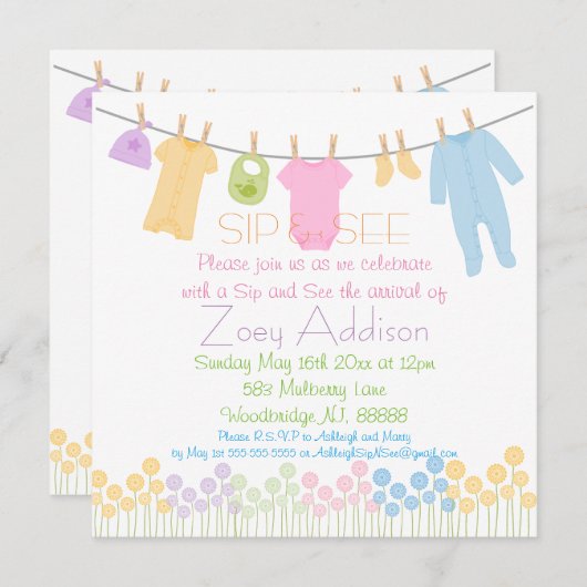 Little Clothes Sip and See 招待状 (正面/裏面)