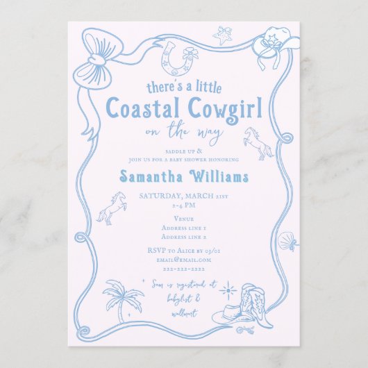 Little Coastal Cowgirl Pink Blue Girl Baby Shower 招待状 (正面)
