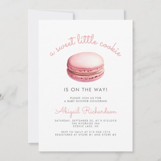 Little Cookie Macaron QR Code Pink Baby Shower 招待状 (正面)