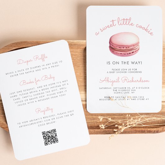 Little Cookie Macaron QR Code Pink Baby Shower 招待状